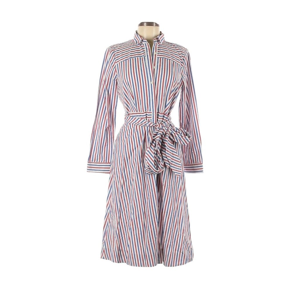 NWT J.Crew Tie Waist Shirt Dress in Red Blue Stripe Button Down Shirt Dress 2